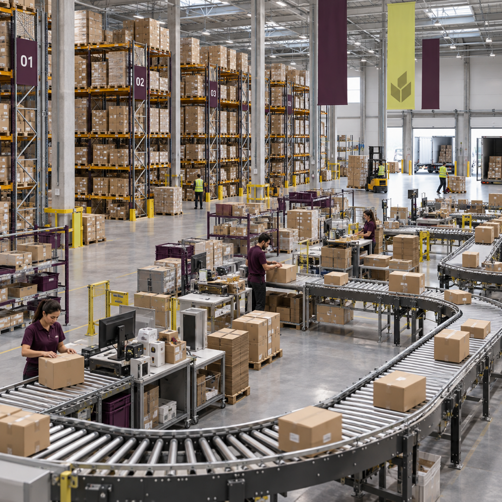 Illustrative DTC fulfillment warehouse with high stock racks, conveyor lines and a team preparing ecommerce orders for dispatch.