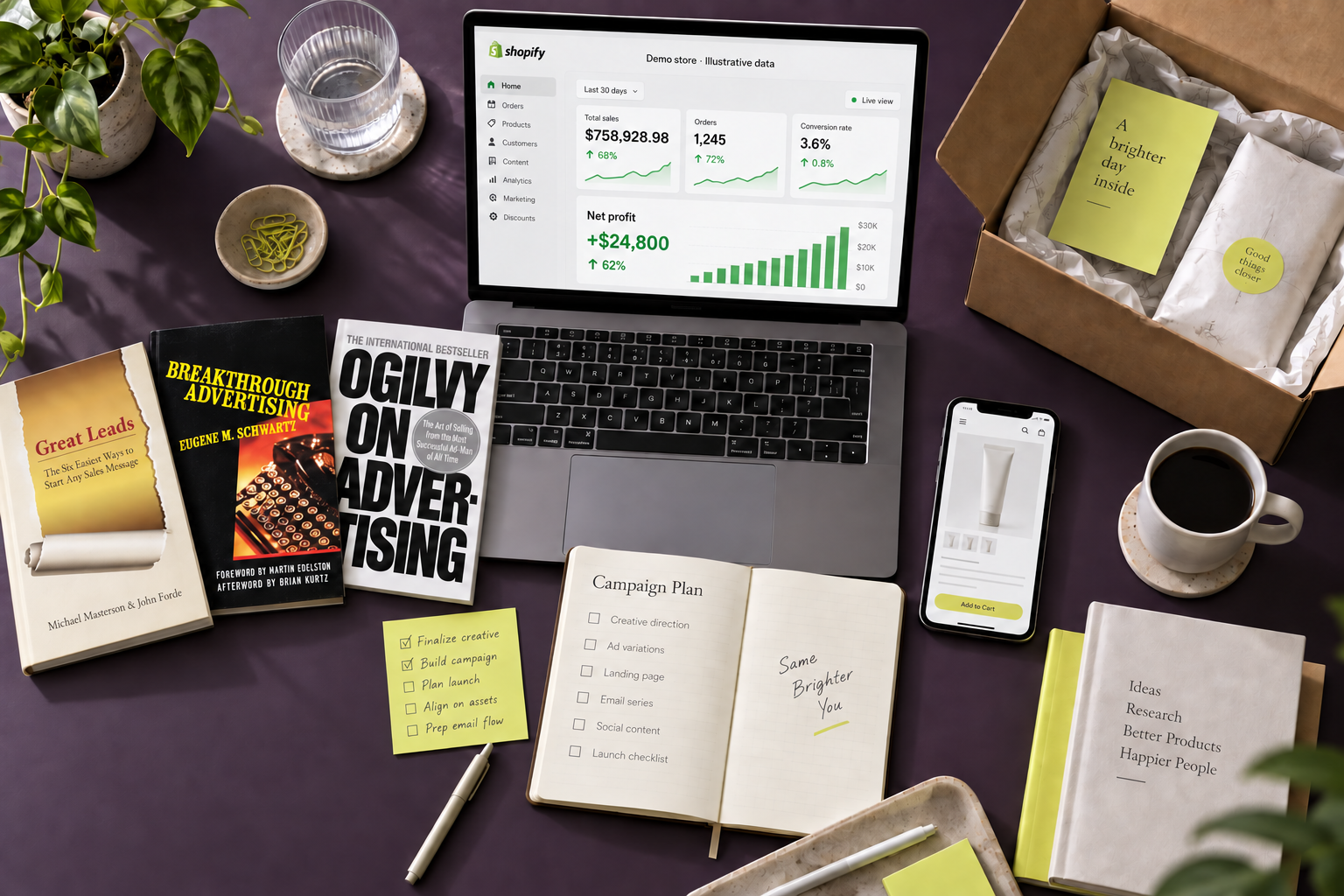 Conceptual DTC workspace with an illustrative Shopify dashboard, Great Leads, Breakthrough Advertising and Ogilvy on Advertising books, sticky notes, a phone and planners.